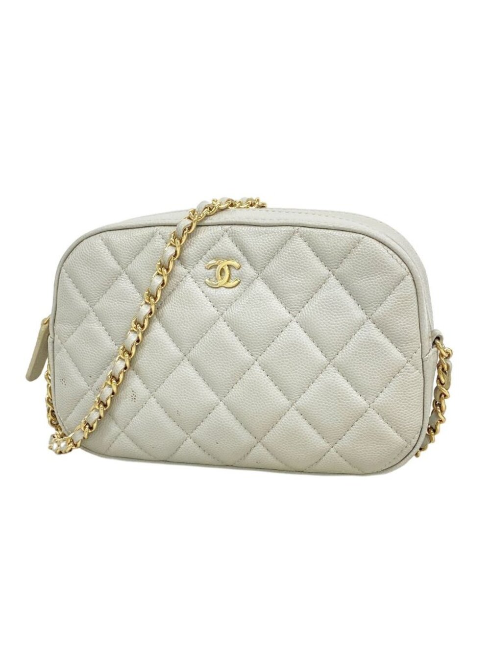 Chanel Shoulder Bag Quilted Caviar Leather Gray Champagne Gold